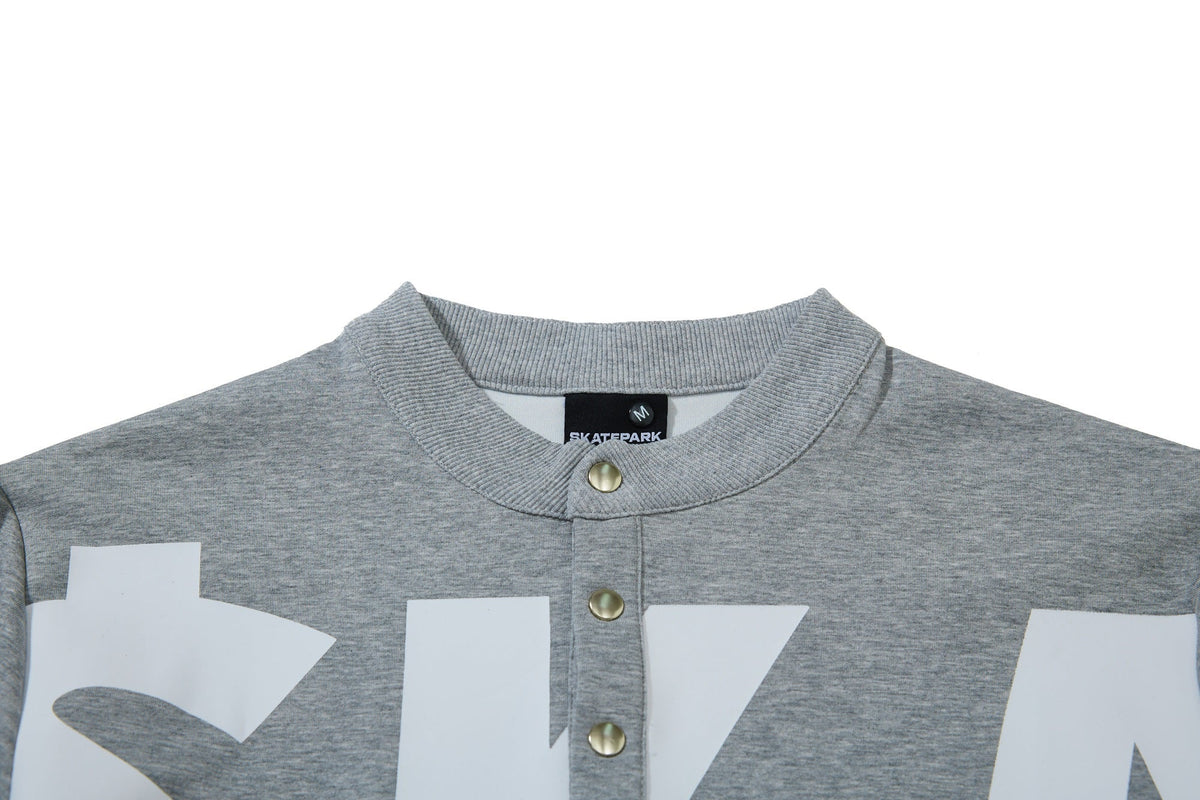 SKATE PARK LETTER PRINT SNAP FRONT SWEATSHIRT; Gray; garment construction detail