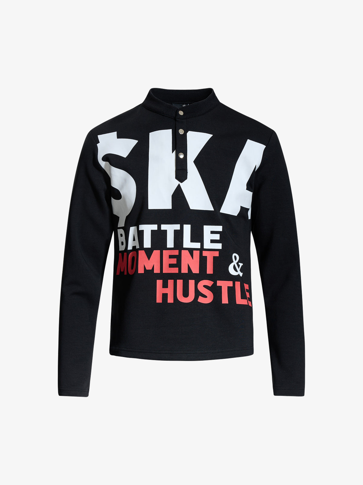 SKATE PARK LETTER PRINT SNAP FRONT SWEATSHIRT; Black; front view
