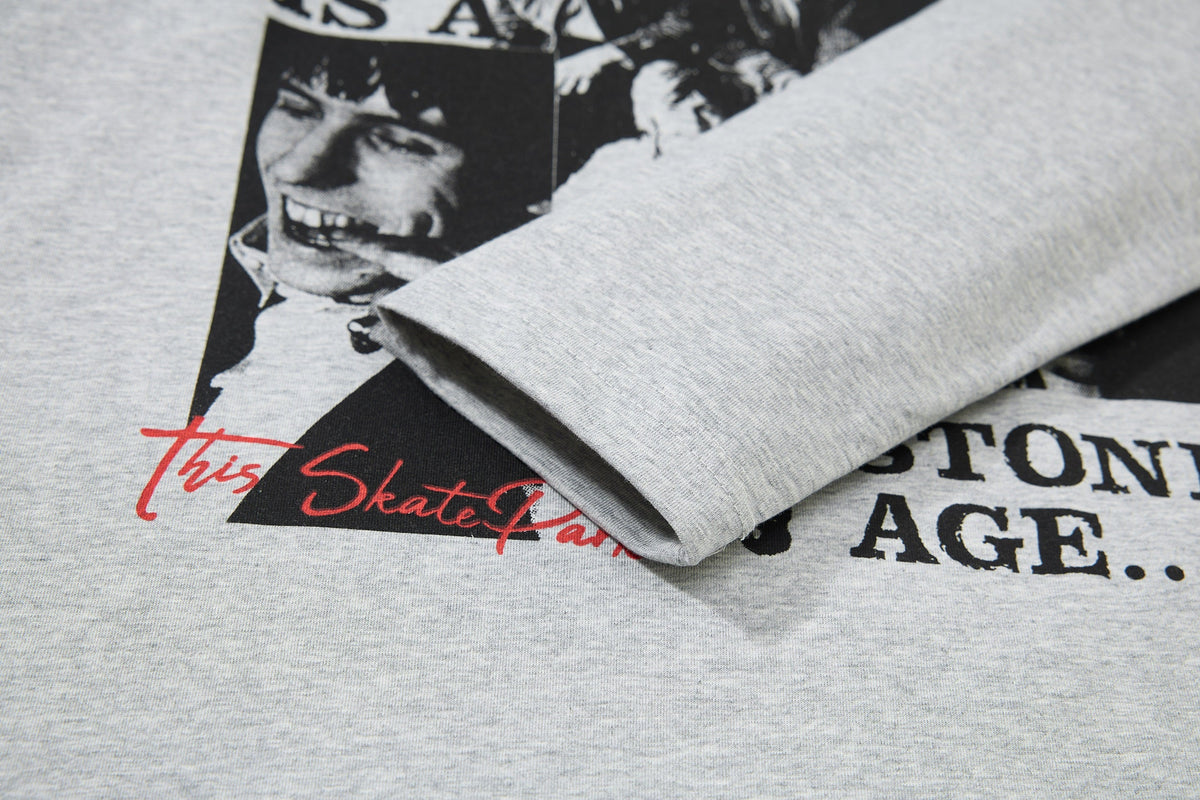 SKATE PARK PORTRAIT COLLAGE GRAPHIC SWEATSHIRT; Gray; garment construction detail