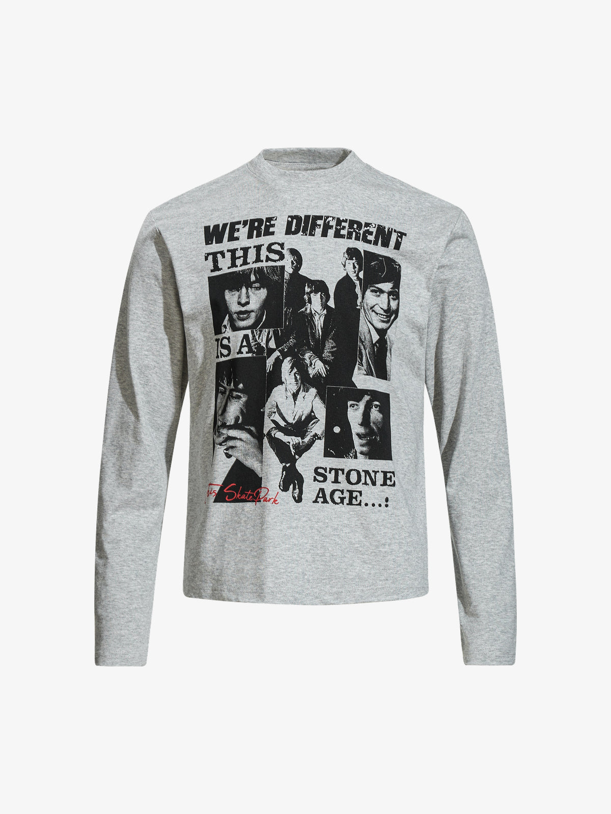 SKATE PARK PORTRAIT COLLAGE GRAPHIC SWEATSHIRT; Gray; front view