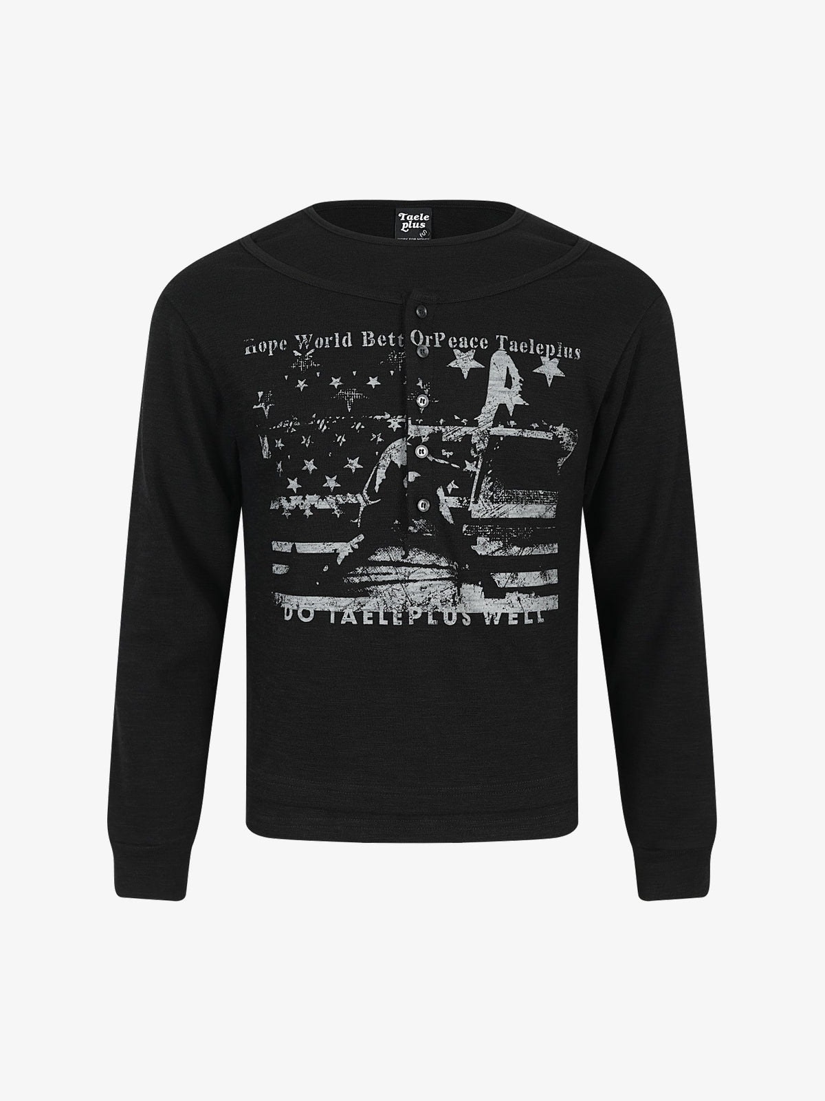 TAELE PLUS STAR COLLAGE GRAPHIC SWEATSHIRT; Black; front view