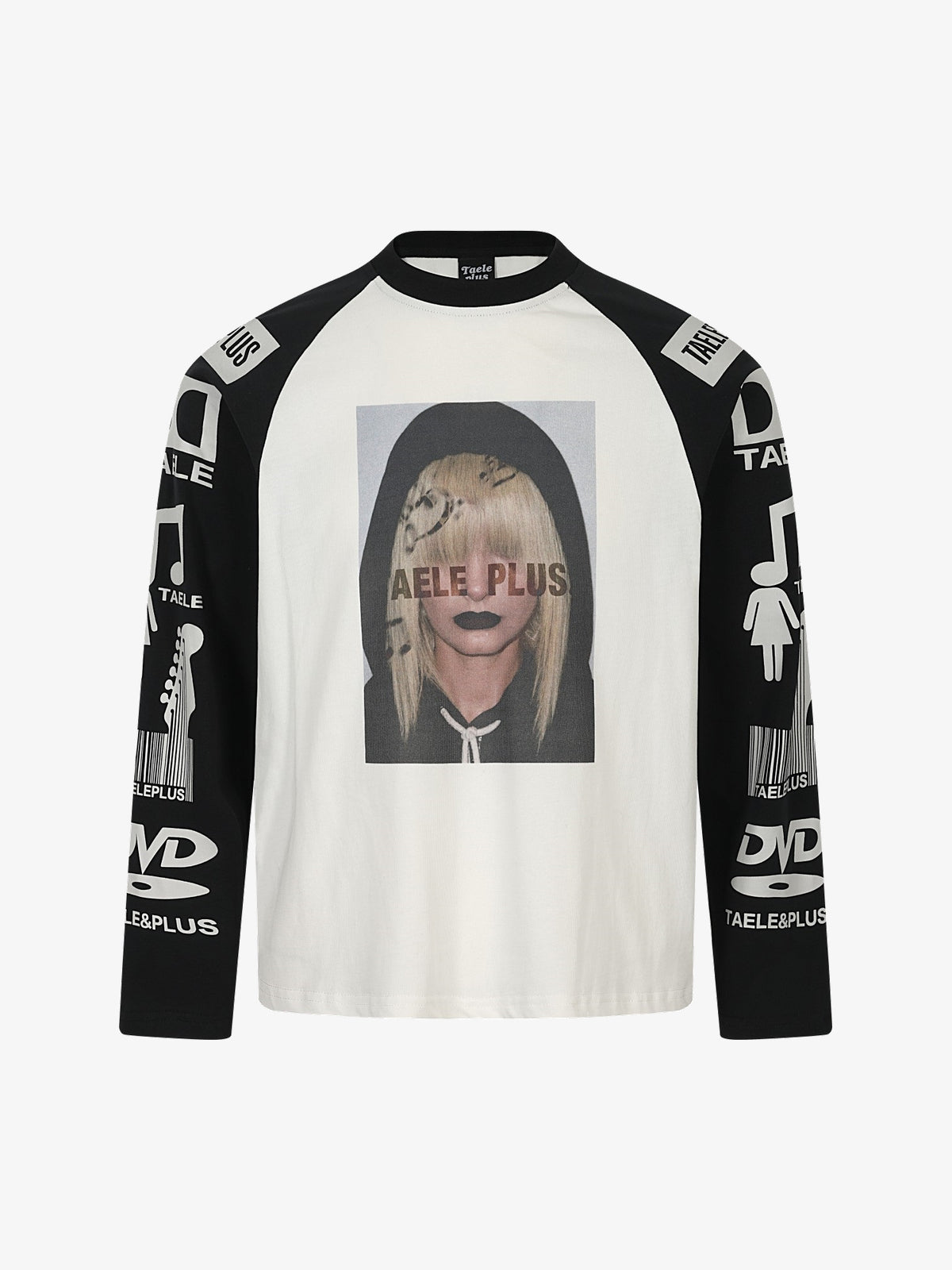 TAELE PLUS PORTRAIT PRINT CONTRAST SLEEVE SWEATSHIRT; White; front view