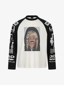 TAELE PLUS PORTRAIT PRINT CONTRAST SLEEVE SWEATSHIRT; White; front view