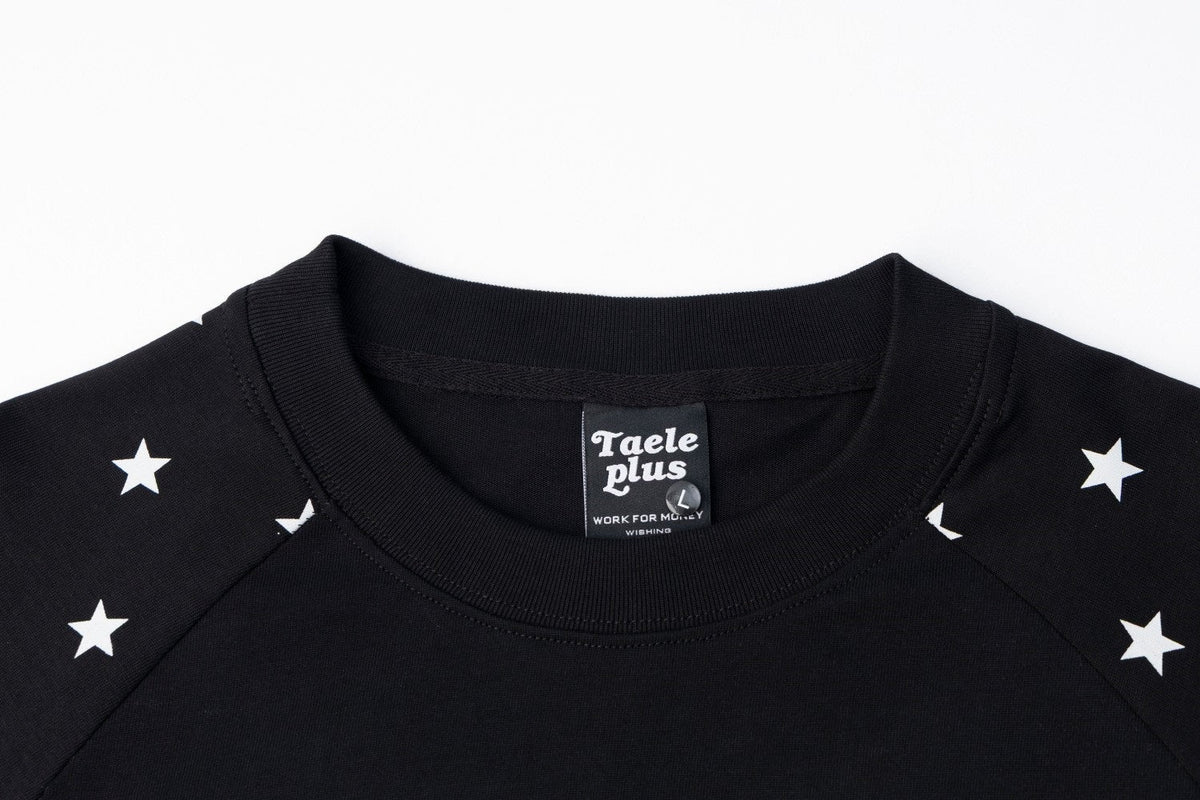 TAELE PLUS EYE GRAPHIC STAR SLEEVE SWEATSHIRT; Black; garment construction detail