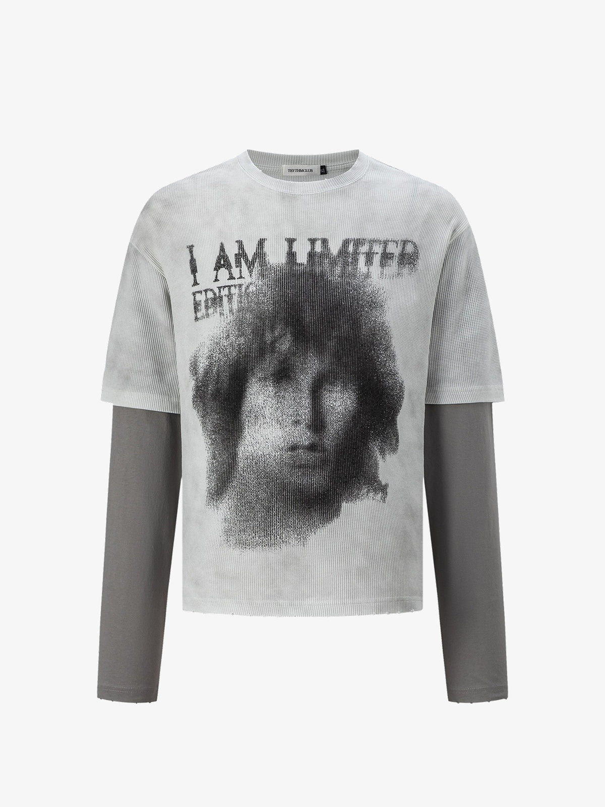 TRYTHM CLUB PORTRAIT PRINT LAYERED SWEATSHIRT; Gray; front view