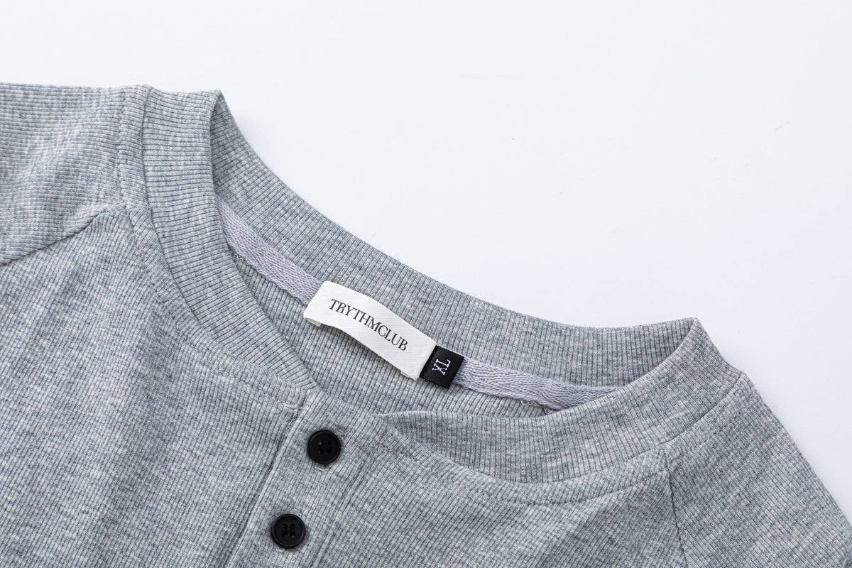 TRYTHM CLUB BUTTON FRONT HENLEY SWEATSHIRT; Gray; garment construction detail