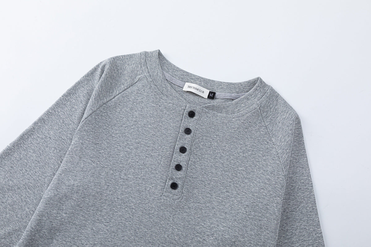 TRYTHM CLUB BUTTON FRONT HENLEY SWEATSHIRT; Gray; garment construction detail