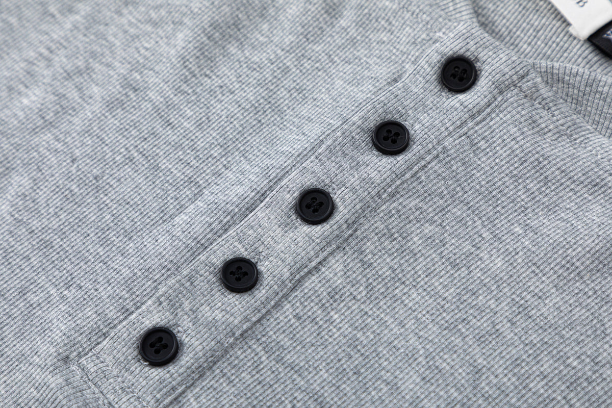 TRYTHM CLUB BUTTON FRONT HENLEY SWEATSHIRT; Gray; garment construction detail