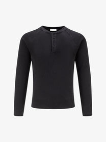 TRYTHM CLUB BUTTON FRONT HENLEY SWEATSHIRT; Black; front view