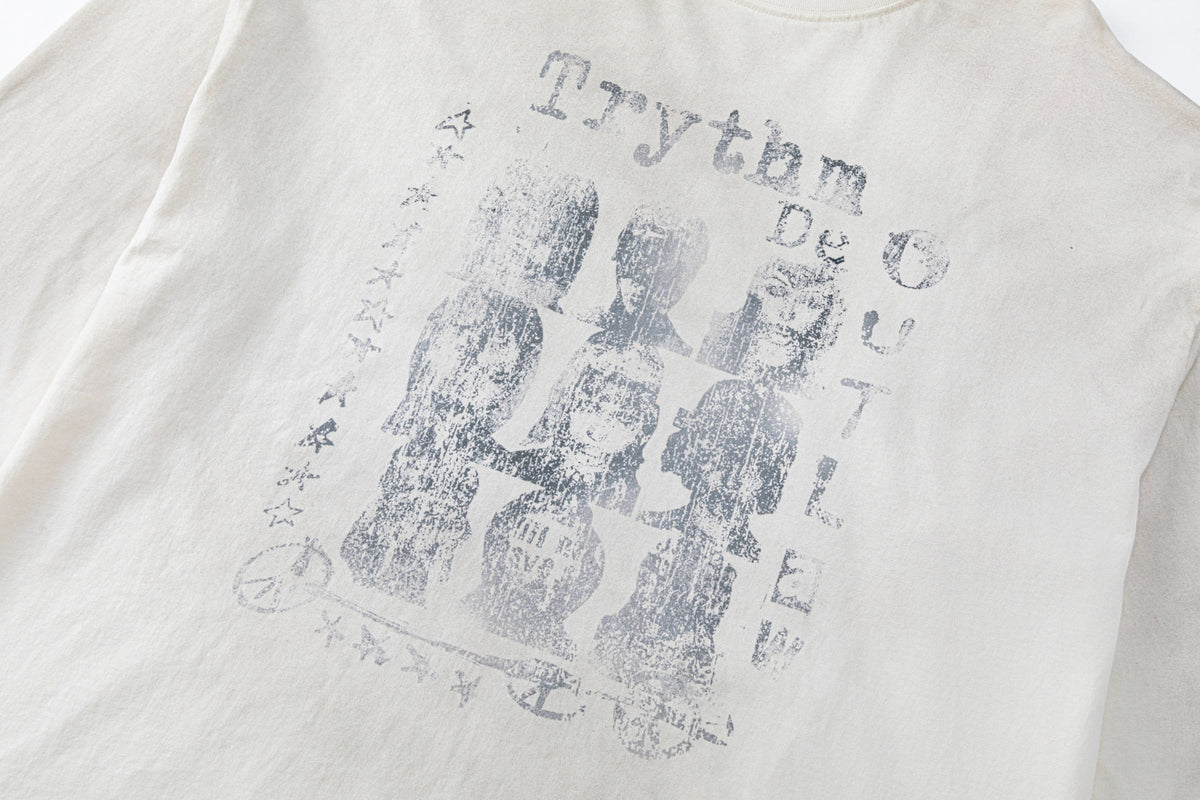 TRYTHM CLUB WASHED PORTRAIT COLLAGE SWEATSHIRT; Beige; design detail
