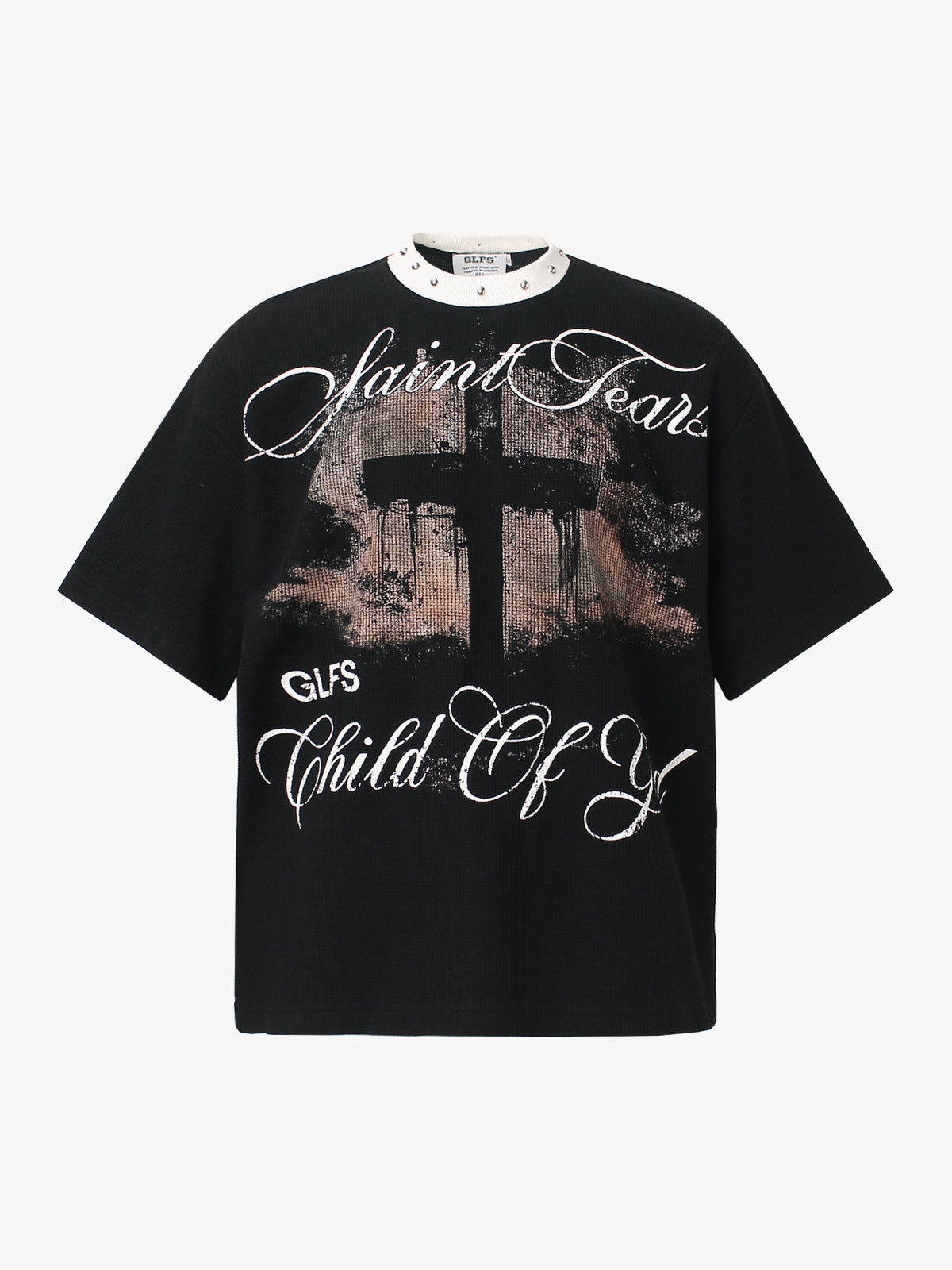 GLFS black studded collar cross graphic T-shirt, front view