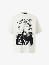BLACK E78 REAL LOVE PORTRAIT T-SHIRT; Cream; front view