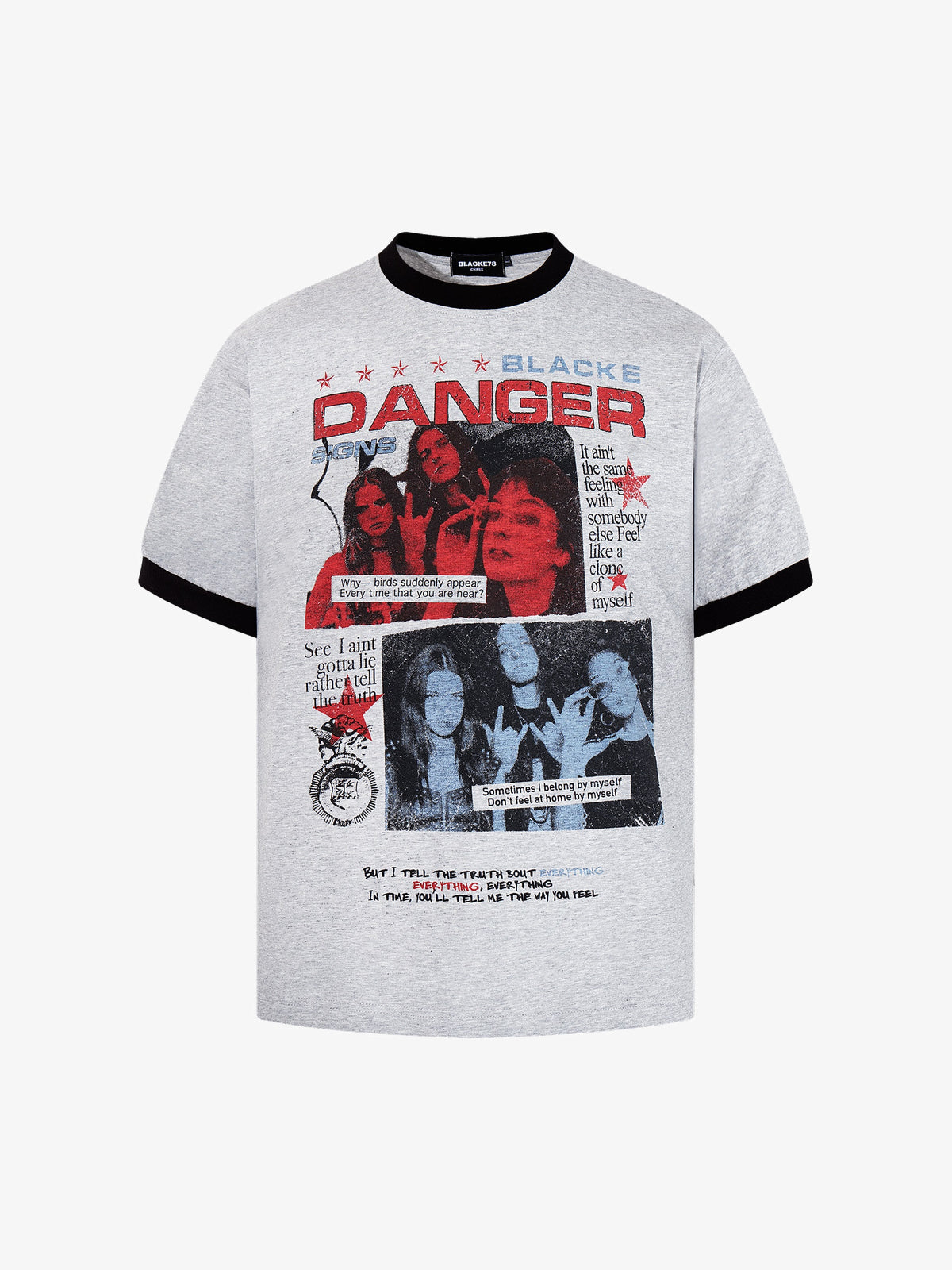 BLACK E78 DANGER POSTER COLLAGE T-SHIRT; Gray; front view