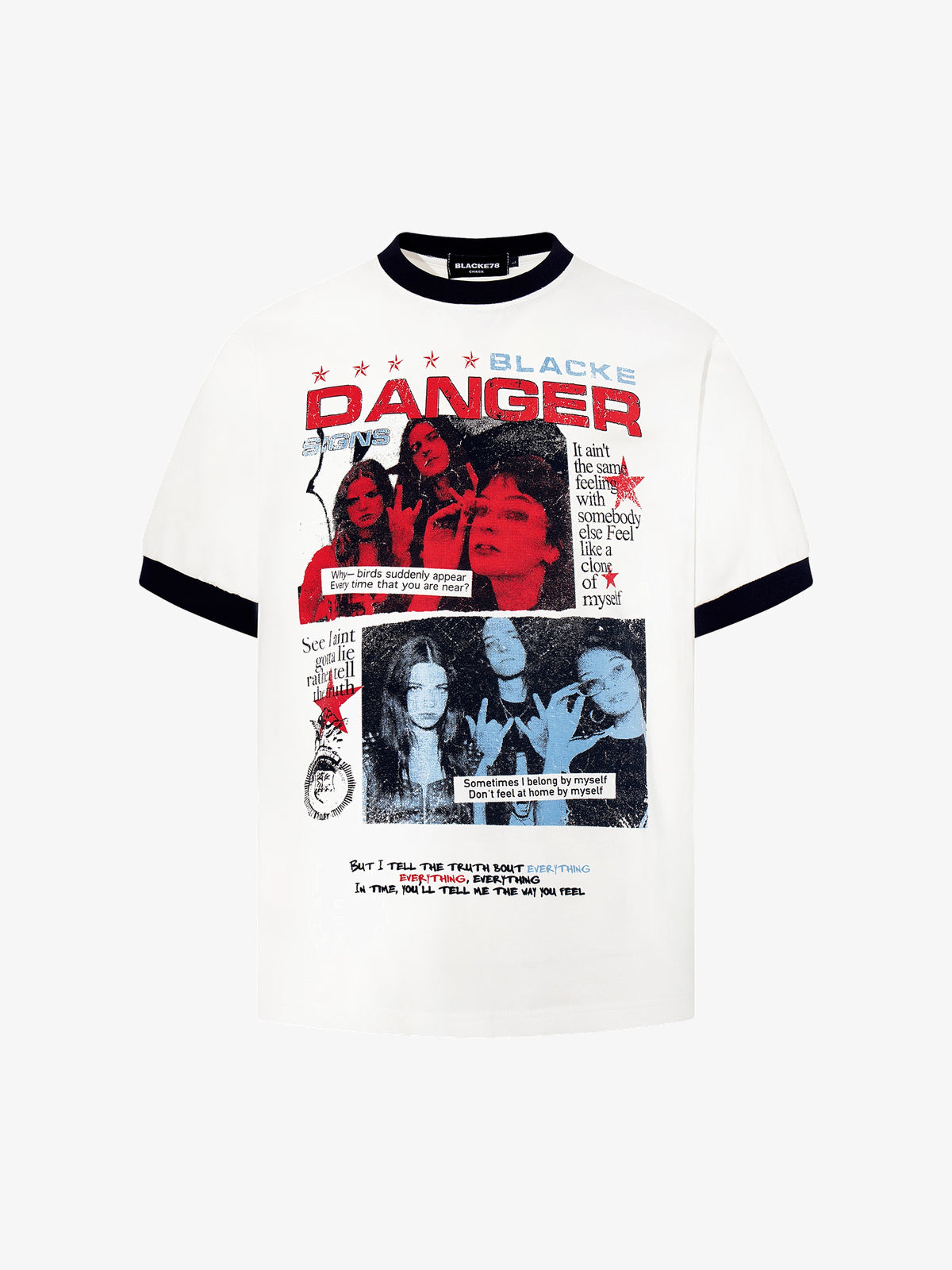 BLACK E78 DANGER POSTER COLLAGE T-SHIRT; White; front view