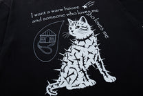 BLACK E78 CAT PORTRAIT SLOGAN T-SHIRT; Black; design detail