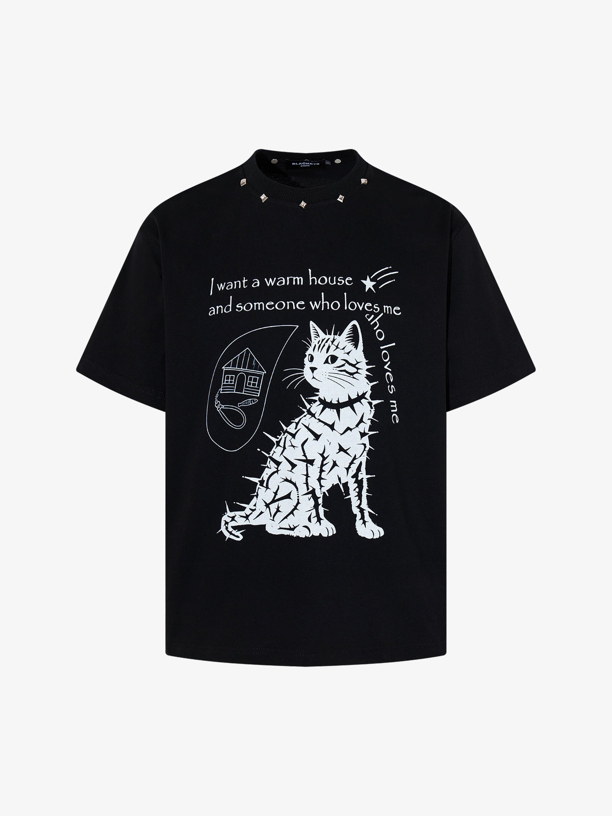 BLACK E78 CAT PORTRAIT SLOGAN T-SHIRT; Black; front view