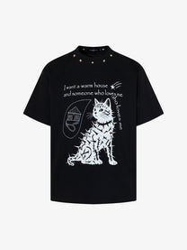 BLACK E78 CAT PORTRAIT SLOGAN T-SHIRT; Black; front view