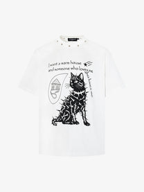 BLACK E78 CAT PORTRAIT SLOGAN T-SHIRT; White; front view