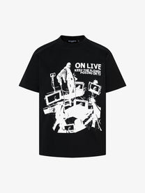 BLACK E78 ON LIVE SCREEN COLLAGE T-SHIRT; Black; front view