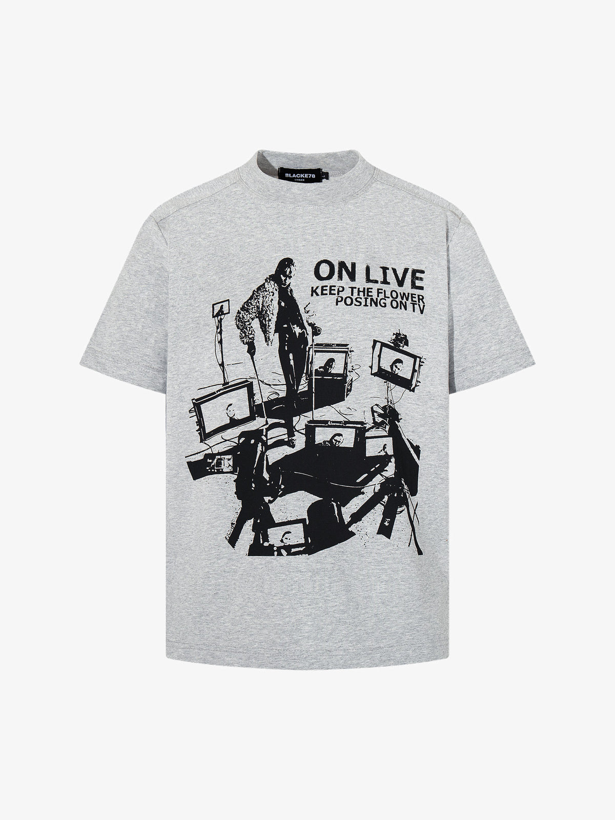 BLACK E78 ON LIVE SCREEN COLLAGE T-SHIRT; Gray; front view