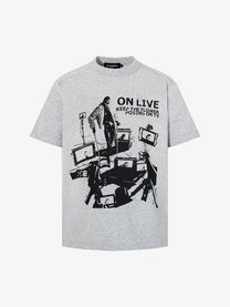 BLACK E78 ON LIVE SCREEN COLLAGE T-SHIRT; Gray; front view