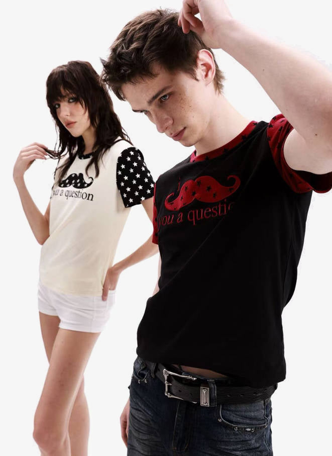 DETW MUSTACHE GRAPHIC RAGLAN T-SHIRT; Black, Beige; multiple colorways shown together