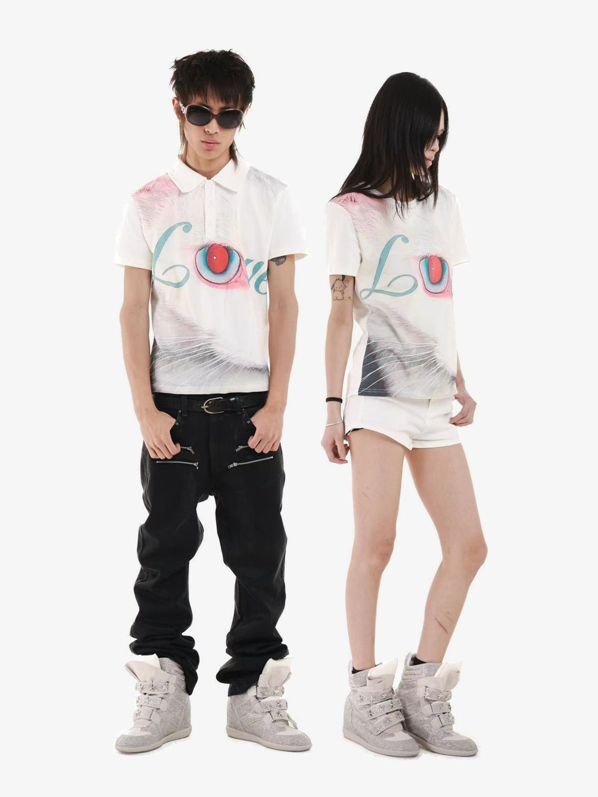 DETW CAT LOVE GRAPHIC TEE; White A, White B; multiple colorways shown together