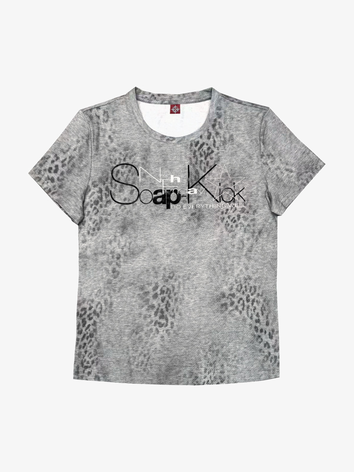 DETW LEOPARD PRINT SCRIPT T-SHIRT; Dark Gray Leopard; front view