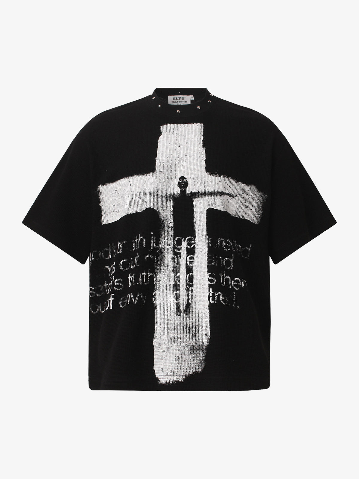 GLFS STUDDED CROSS COLLAGE GRAPHIC T-SHIRT; Black; front view
