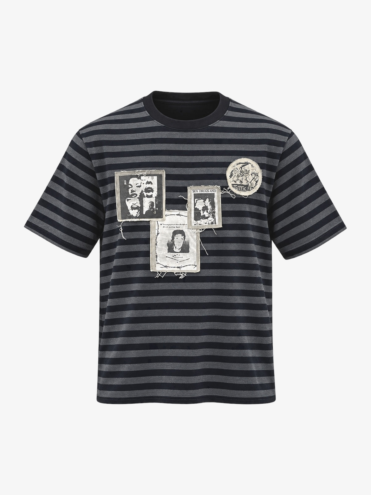 LUUUCAM POSTER PATCH STRIPED T-SHIRT; Black; front view