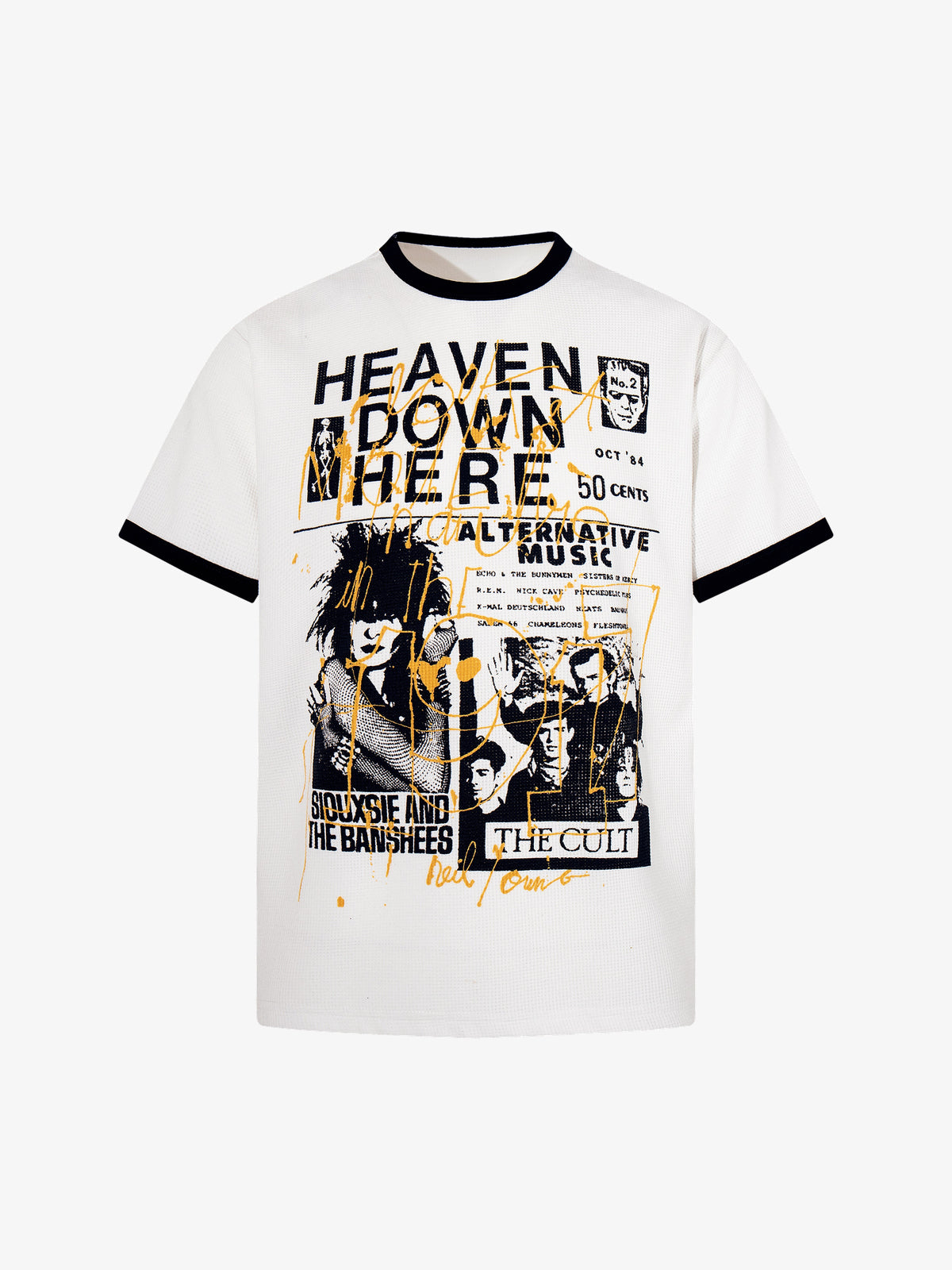 MCCNN HEAVEN DOWN HERE RINGER T-SHIRT; White; front view