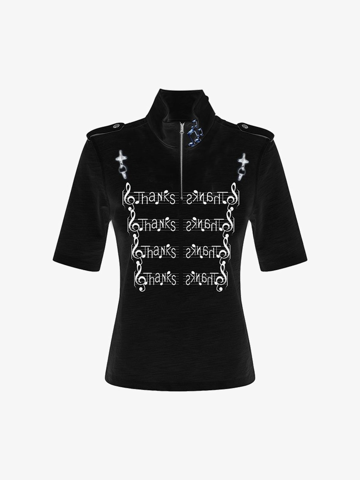 PAIKI SCRIPT ZIP COLLAR T-SHIRT; Black; front view