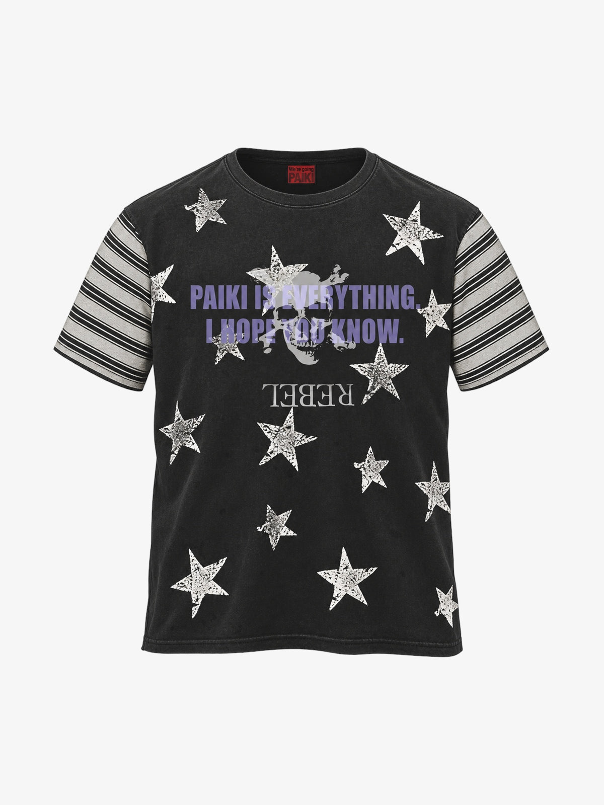 PAIKI STAR STRIPE GRAPHIC T-SHIRT; Black; front view