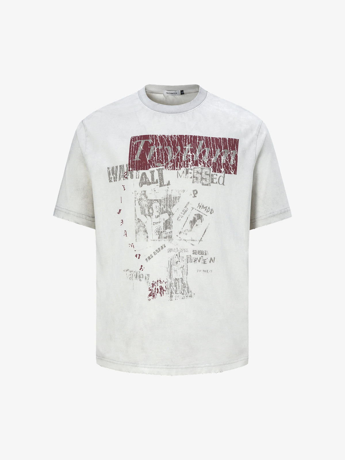 TRYTHM CLUB DISTRESSED TEXT COLLAGE T-SHIRT; Gray; front view