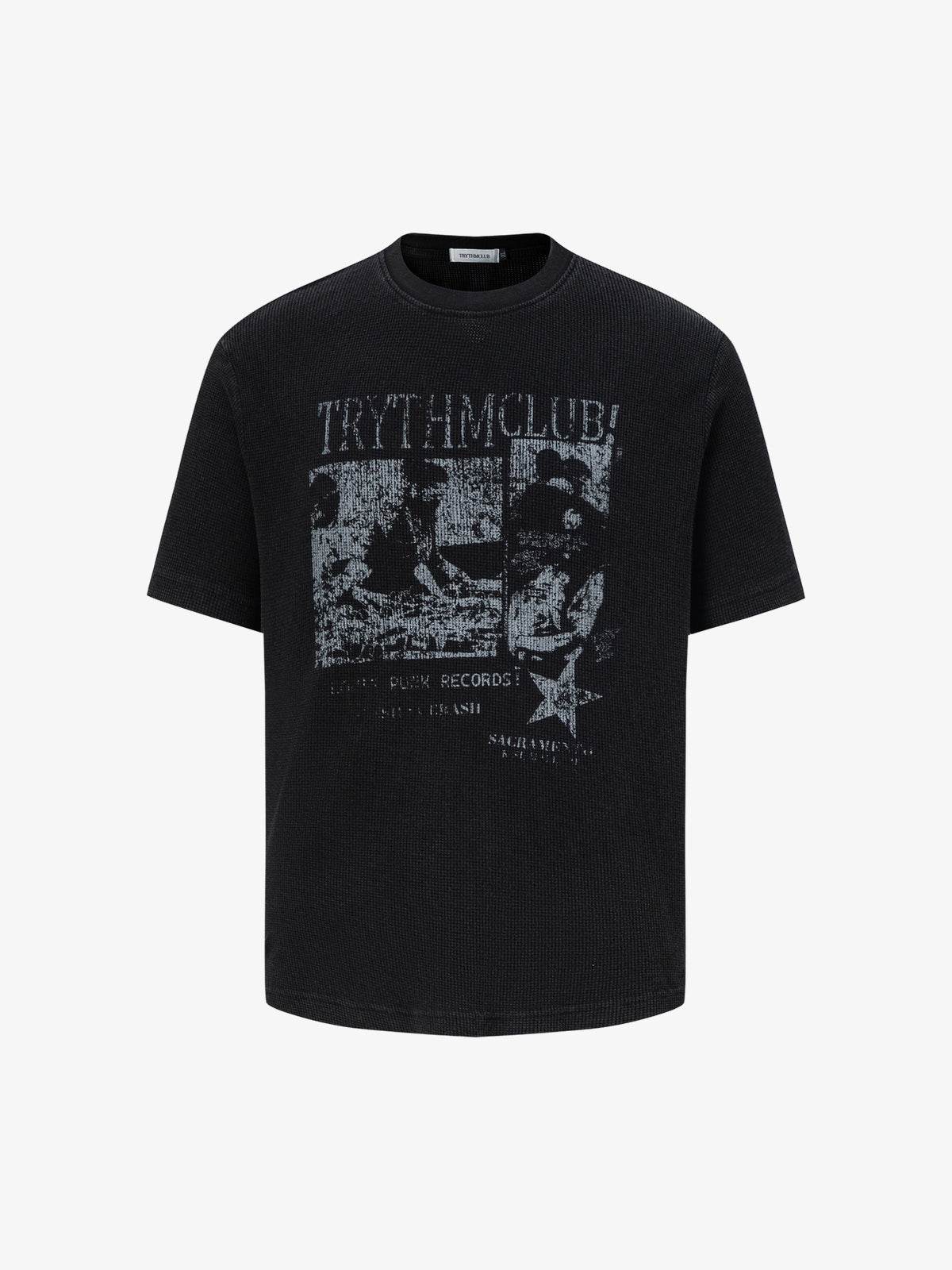 TRYTHM CLUB FADED COLLAGE WAFFLE T-SHIRT; Black; front view