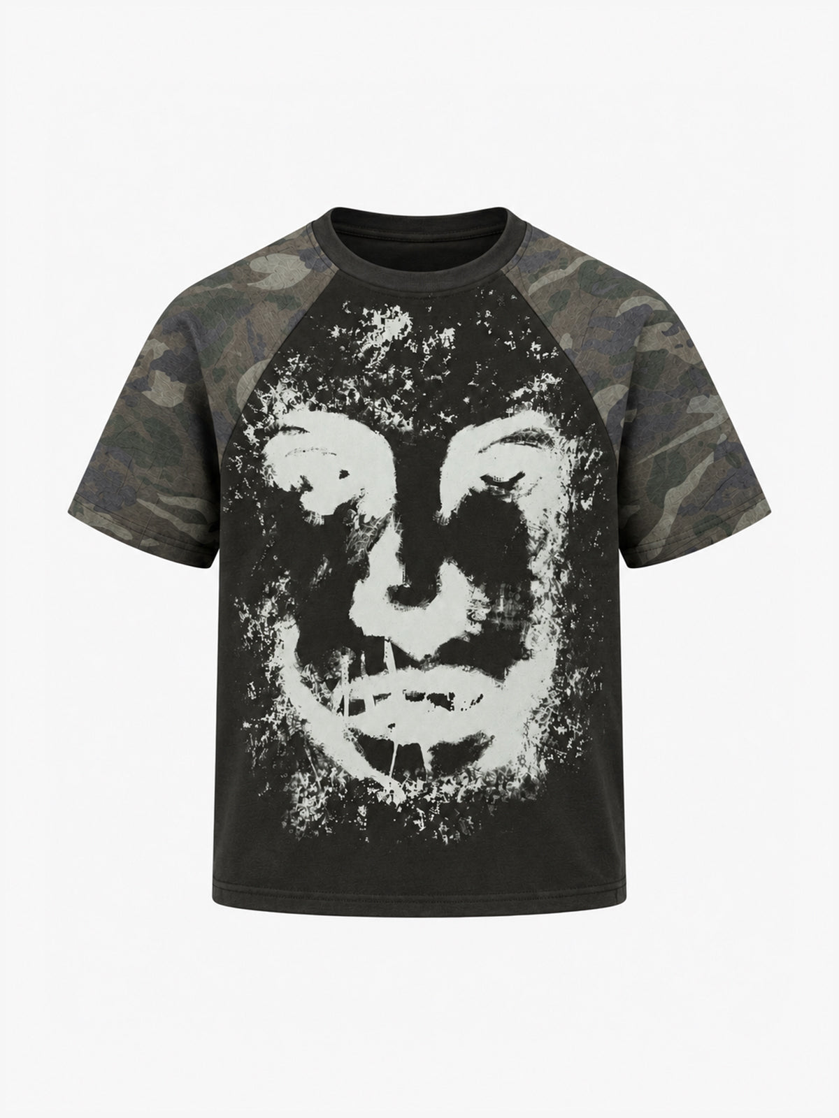 UNDSPP CAMO FACE RAGLAN T-SHIRT; Dark Olive; front view