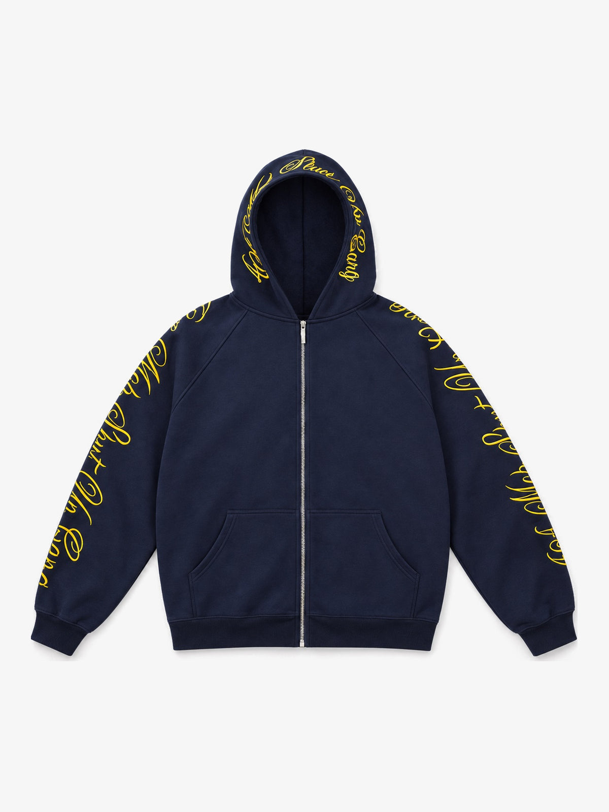 404MOB | Sleeve Lettering Zip Up Hoodie in Dark Blue - front view