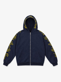 404MOB | Sleeve Lettering Zip Up Hoodie in Dark Blue - front view