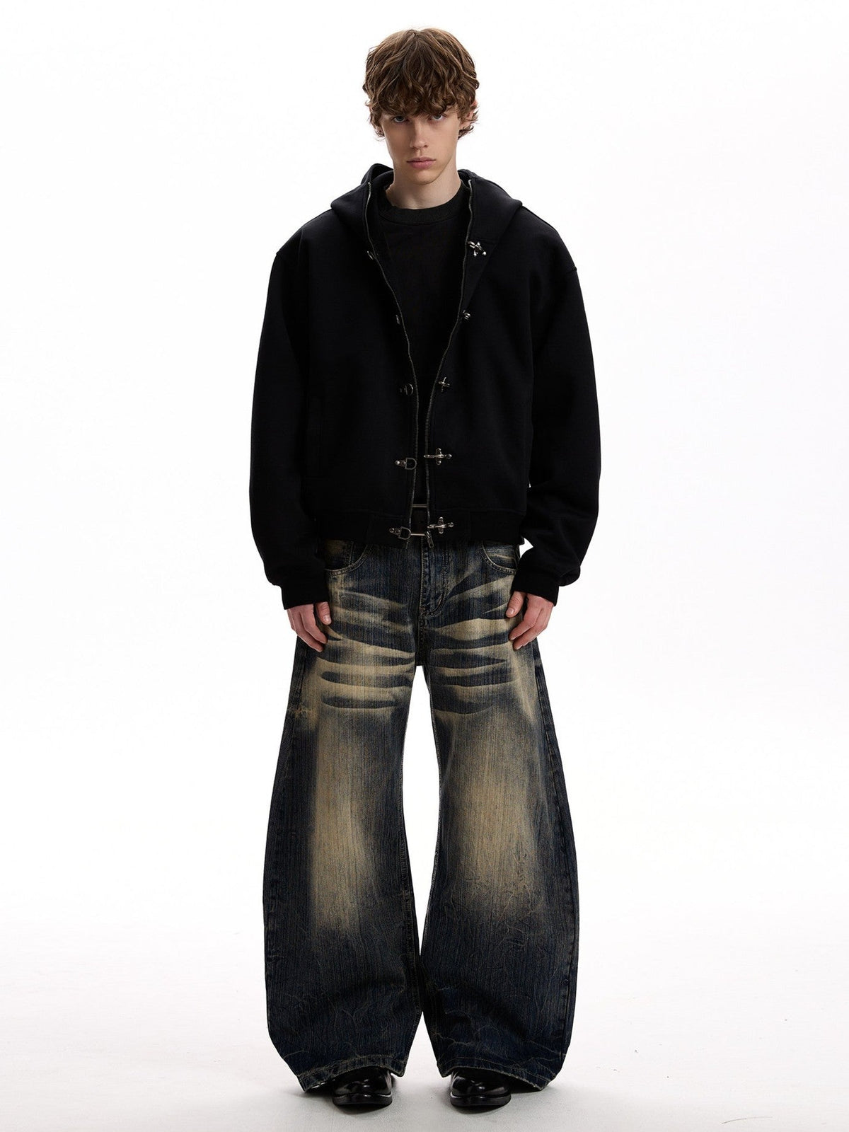 A PUEE | Fireman Clasp Zip Up Hoodie in Black - model view