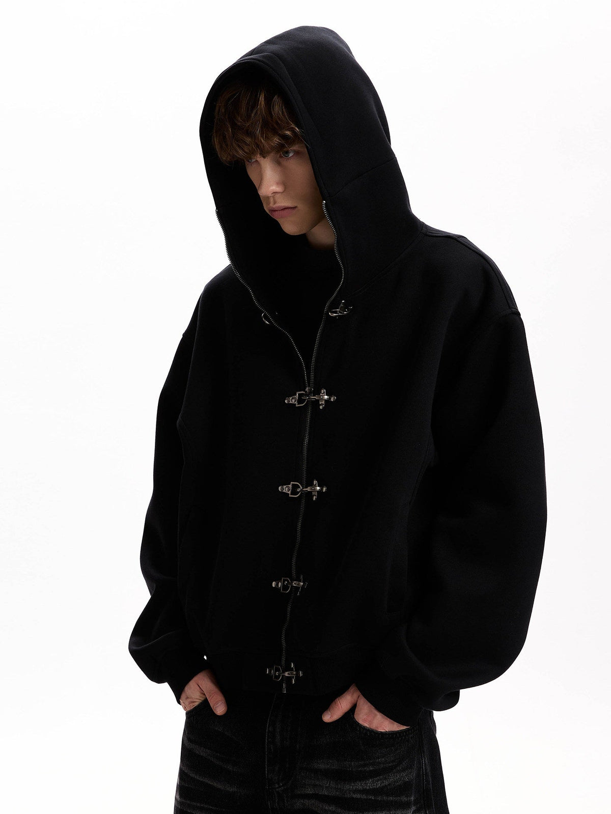 A PUEE | Fireman Clasp Zip Up Hoodie in Black - model view