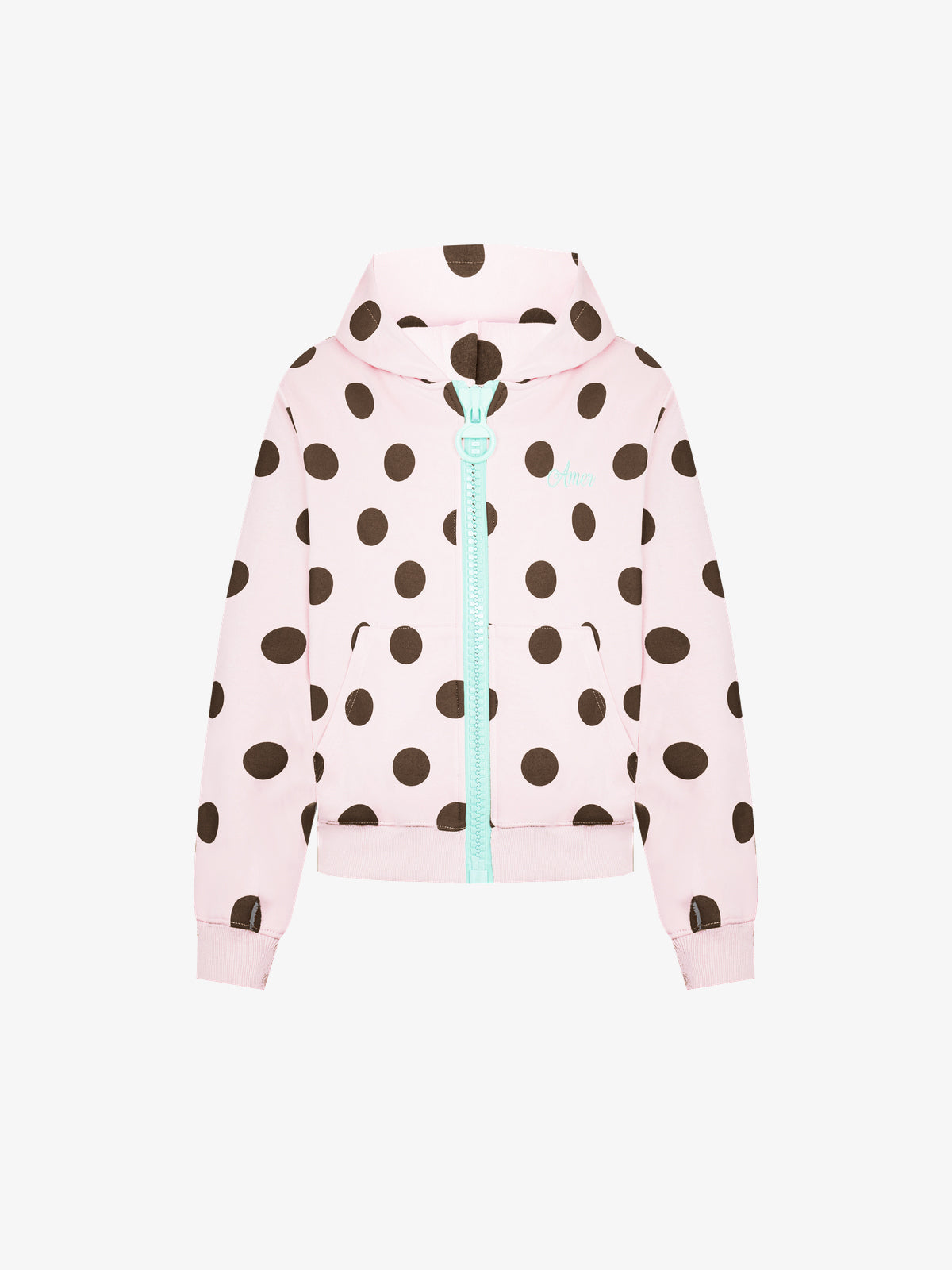 BATTLE KID | Polka Dot Zip Up Hoodie in Pink - front view