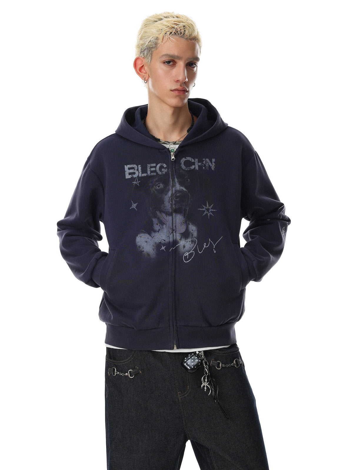 BLACK ENERGY | Puppy Sketch Zip Up Hoodie in Navy - model view