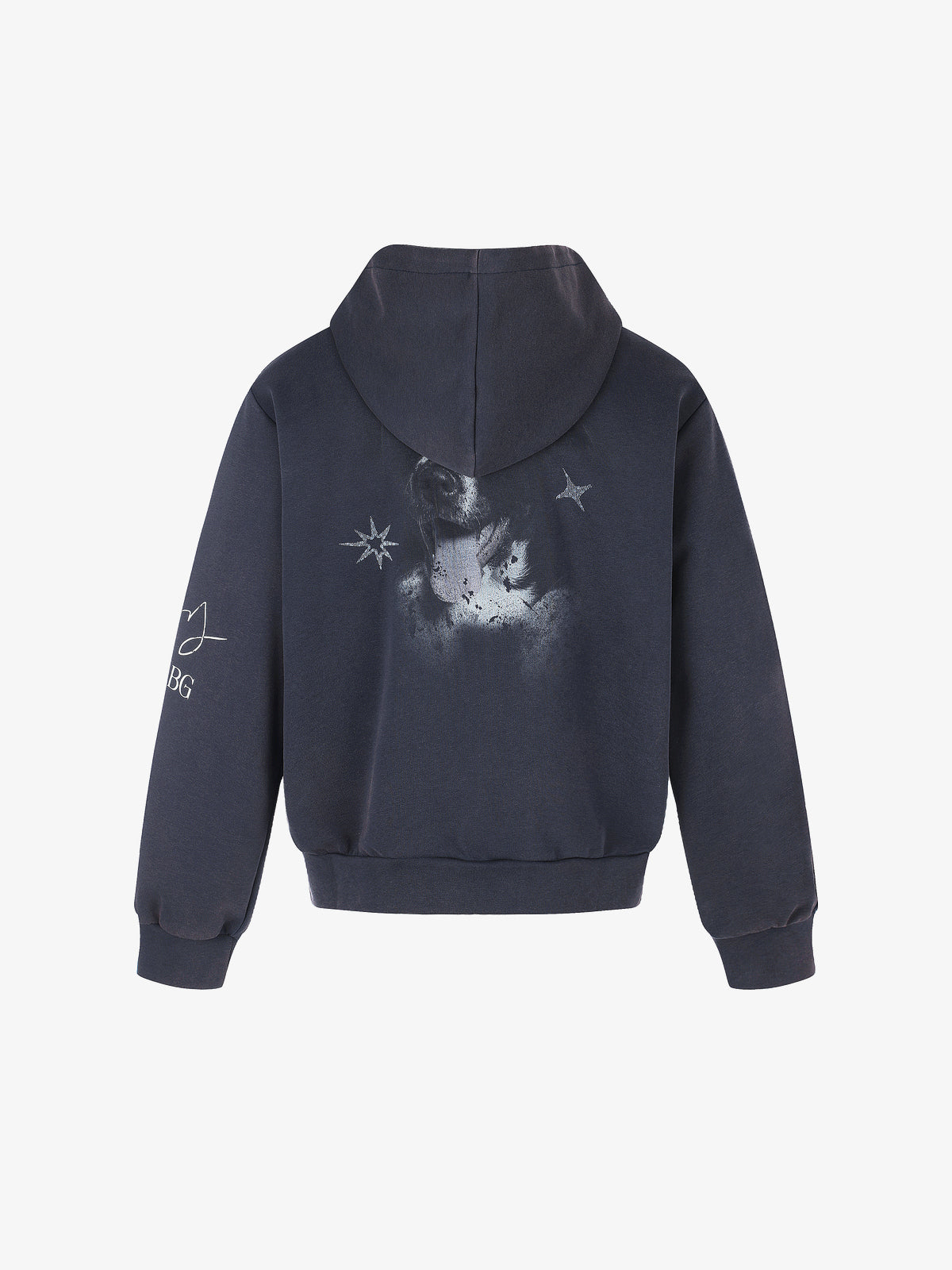 BLACK ENERGY | Puppy Sketch Zip Up Hoodie in Navy - back view