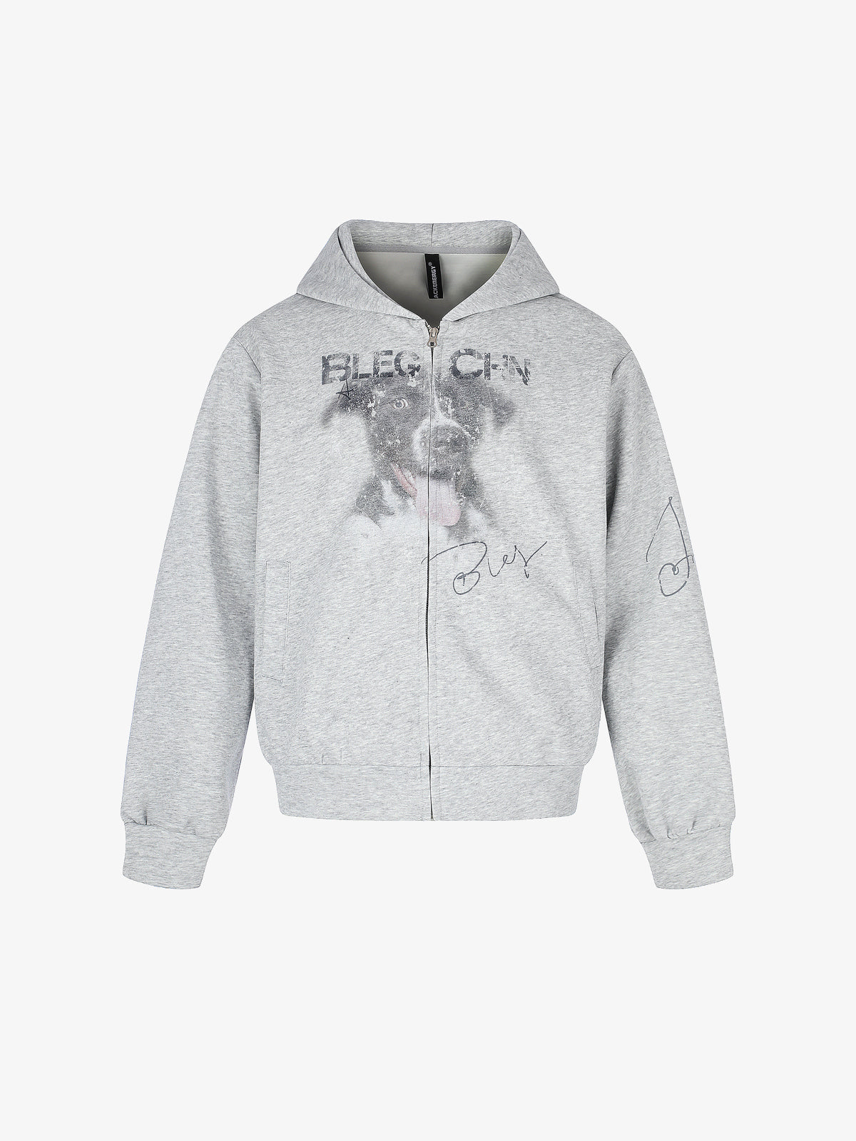 BLACK ENERGY | Puppy Sketch Zip Up Hoodie in Light Gray - front view