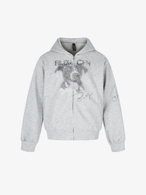 BLACK ENERGY | Puppy Sketch Zip Up Hoodie in Light Gray - front view