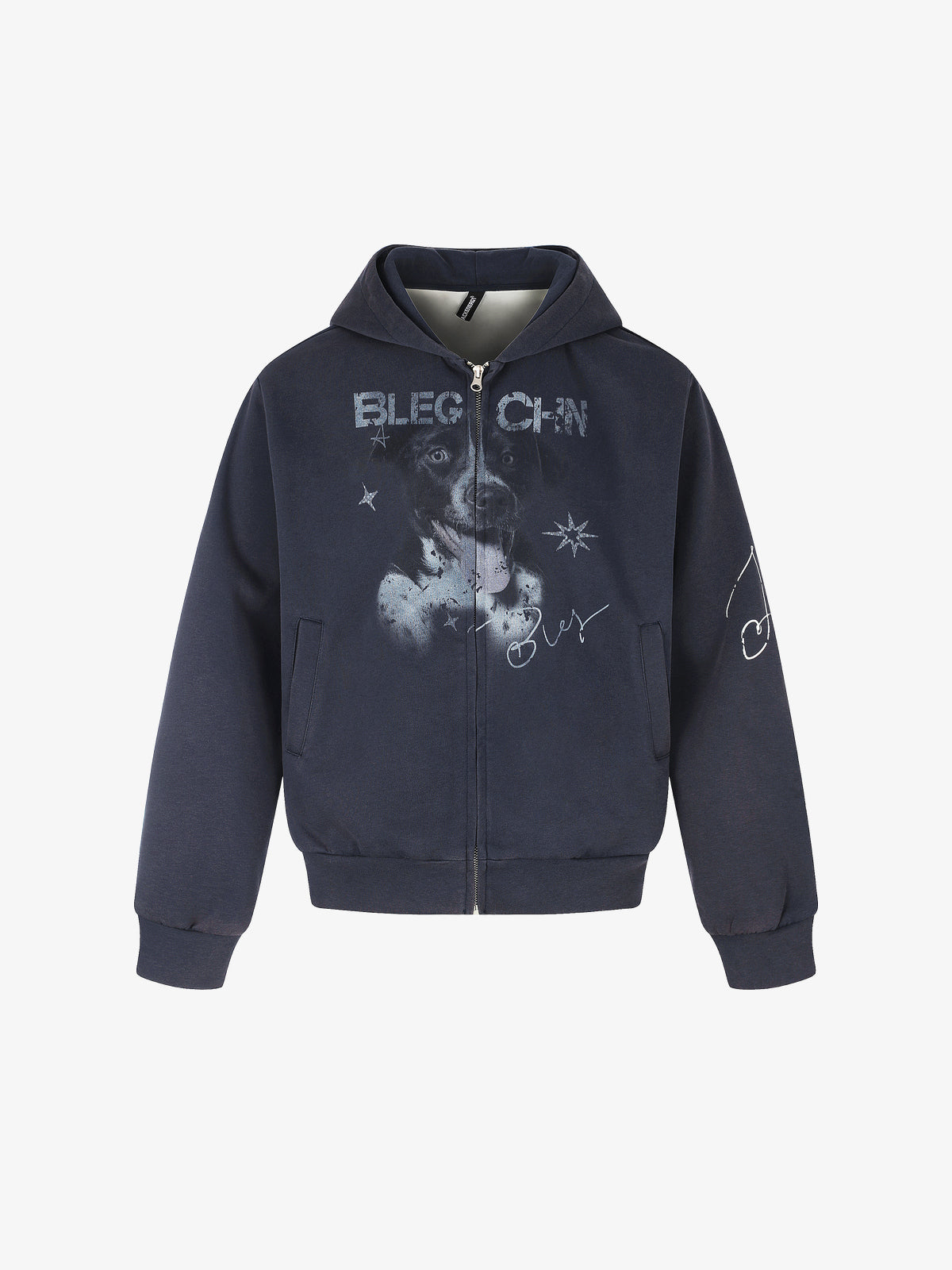 BLACK ENERGY | Puppy Sketch Zip Up Hoodie in Navy - front view