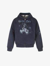 BLACK ENERGY | Puppy Sketch Zip Up Hoodie in Navy - front view