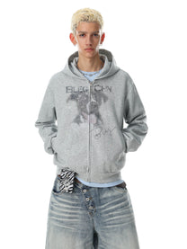 BLACK ENERGY | Puppy Sketch Zip Up Hoodie in Light Gray - model view