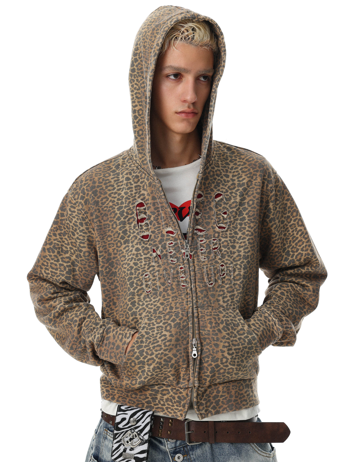 BLACK ENERGY | Leopard Print Zip Up Hoodie in Leopard - model view