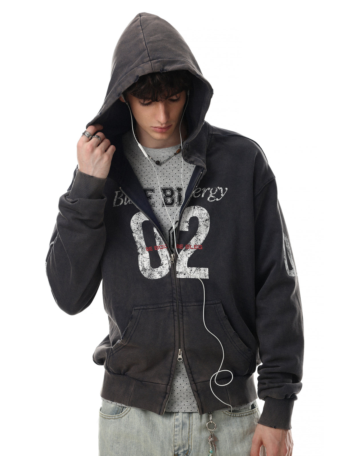 BLACK ENERGY | Number 02 Zip Up Hoodie in Black - model view
